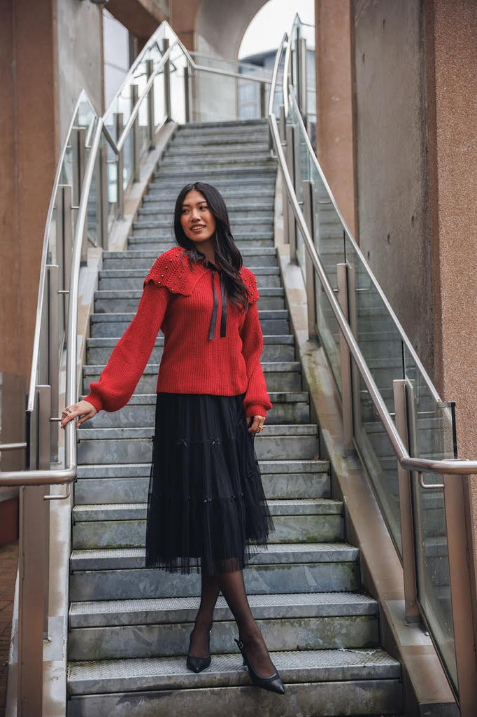 Papillon Tiered Tulle Skirt With Bows Black