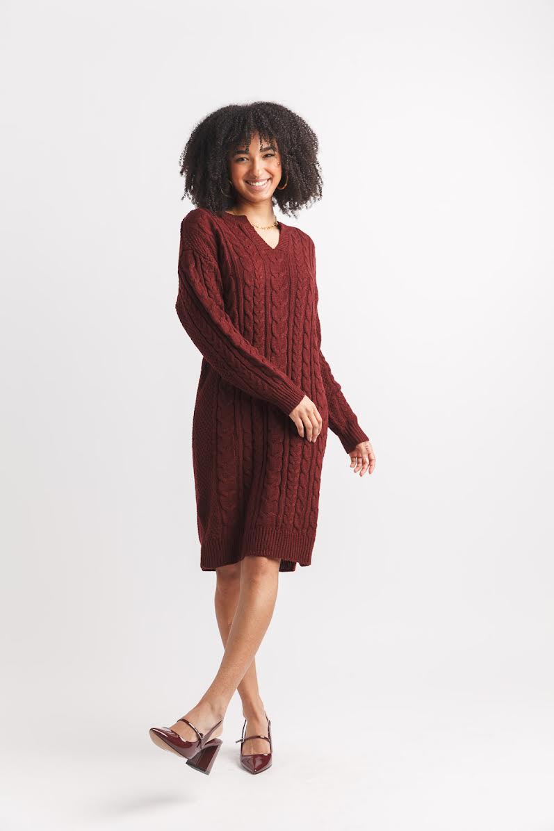 Papillon Cable Knit Sweater Dress Burgundy