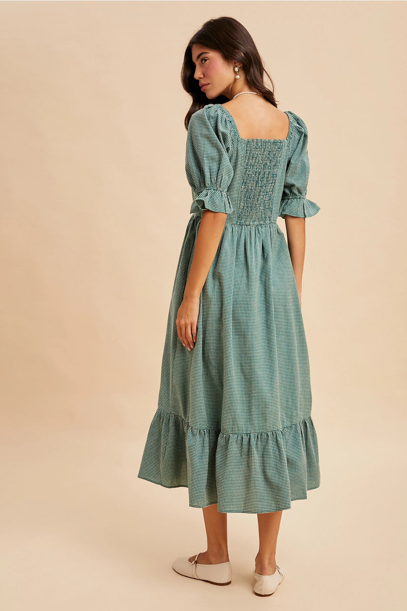 In Loom Grid Check Midi Dress Forest Green