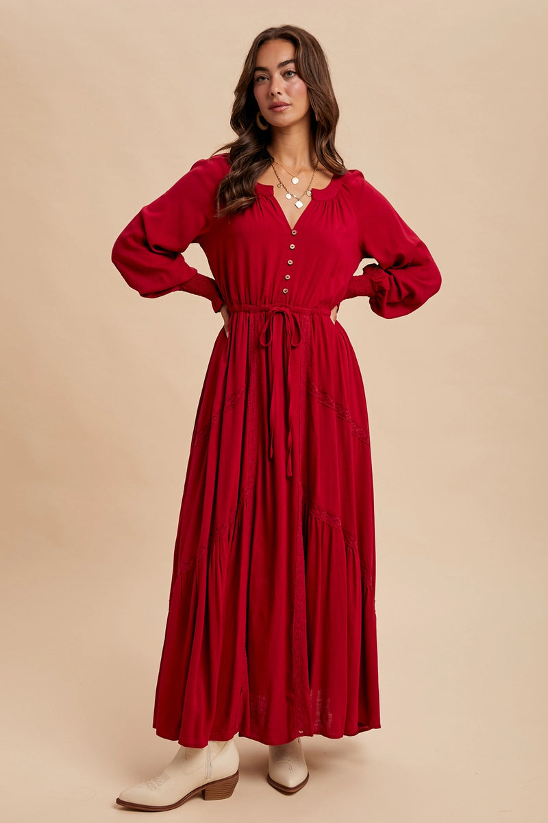 In Loom Lace Insert Maxi Dress Cherry