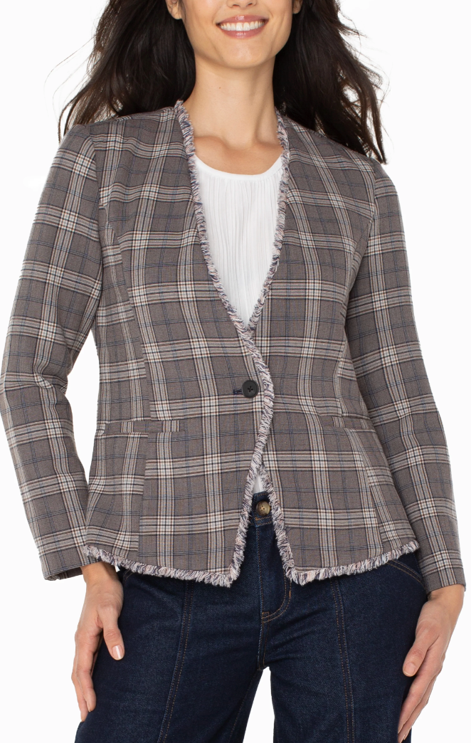 Liverpool Fitted Blazer With Fray Brown Navy Glen Check