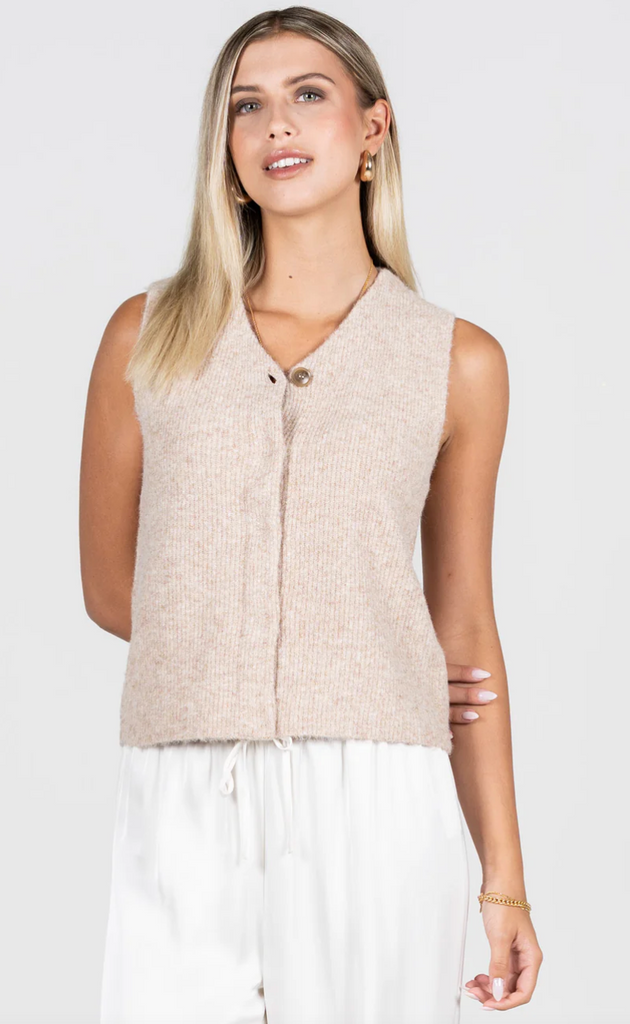 Cest Moi Hidden Button Knit Vest Heather Brown