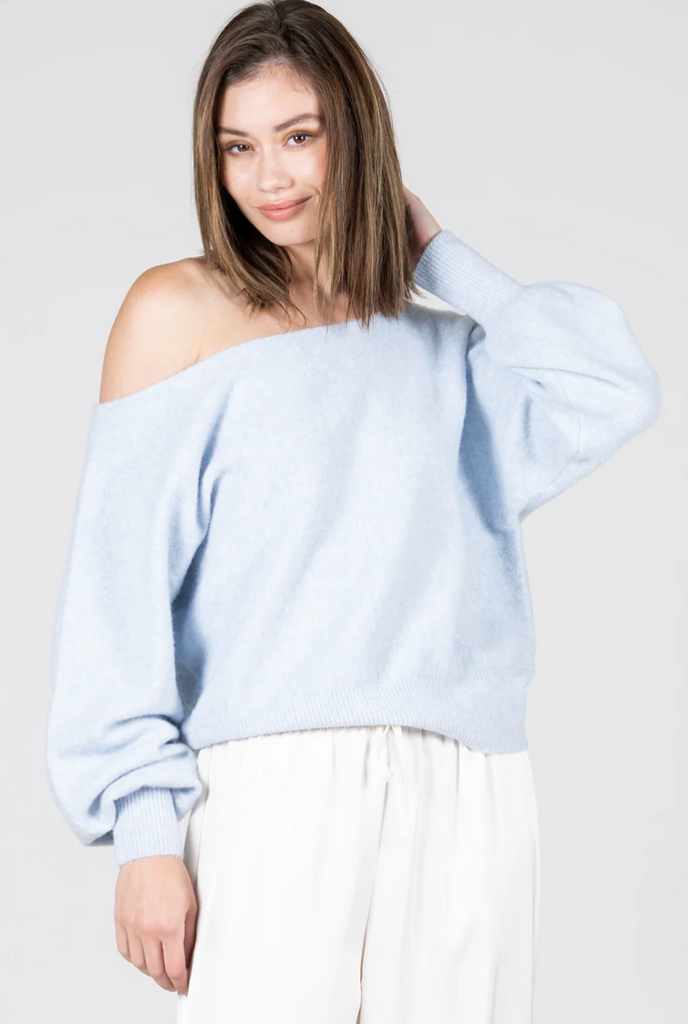 Cest Moi Drape Shoulder Sweater Sky Blue