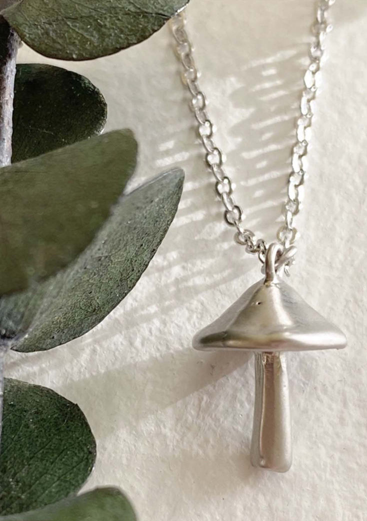 Pika & Bear Cubensis Mushroom Charm Necklace Silver