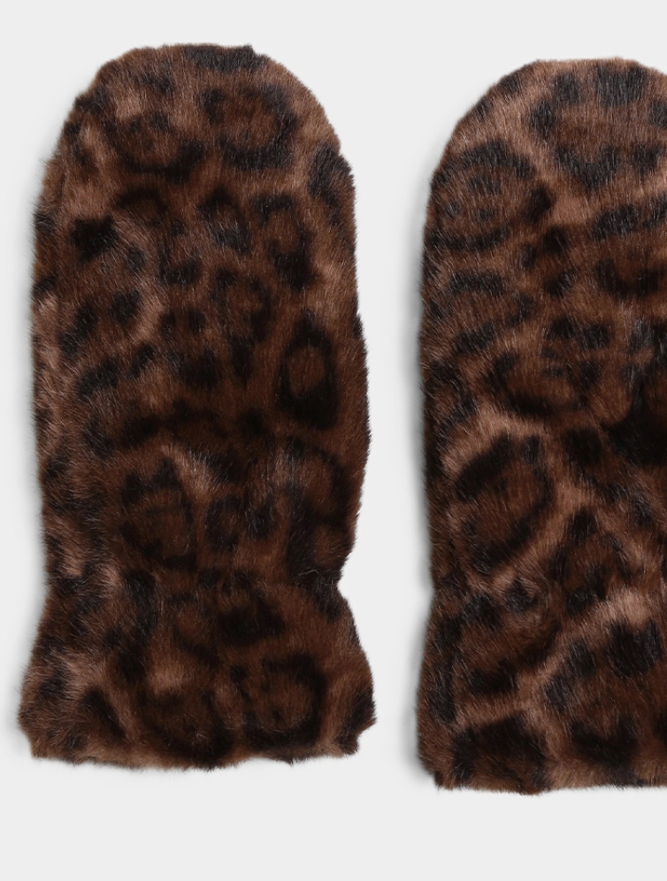 Fashion City Leopard Faux Fur Mitts Dark