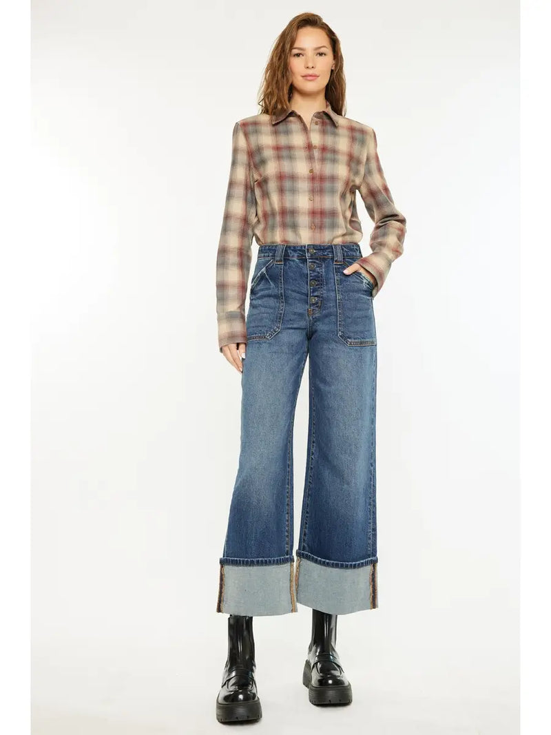 Kancan Beanie High Rise Ankle Wide Leg Dark Wash