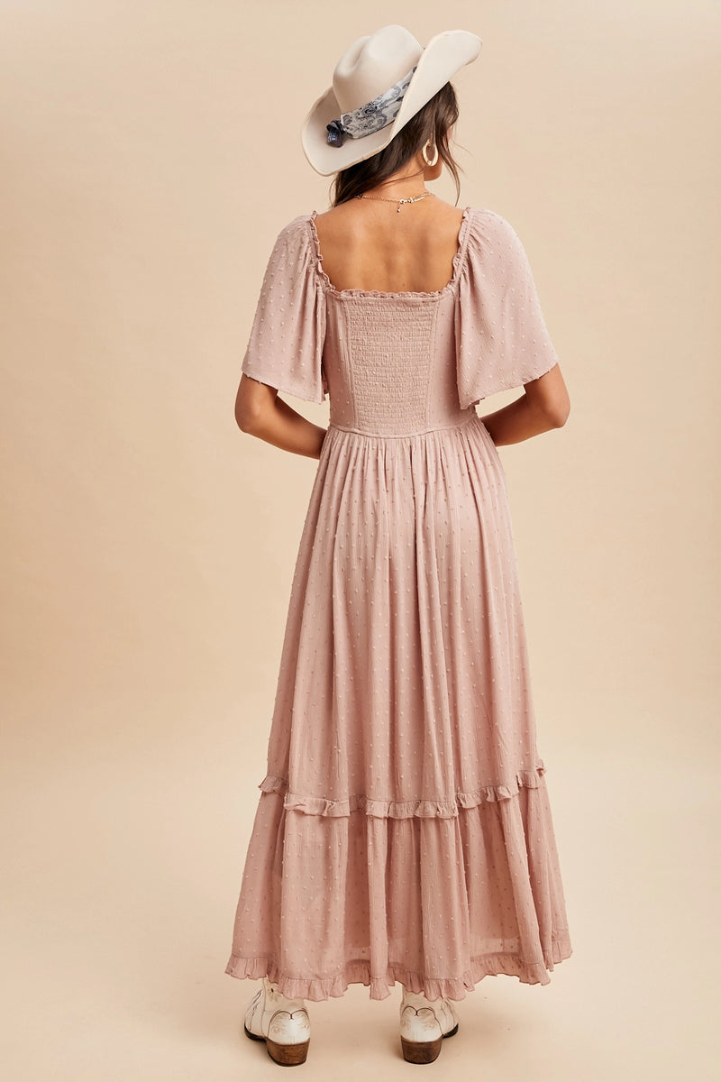 In Loom Swiss Dot Flutter Sleeve Dress Tea Rose