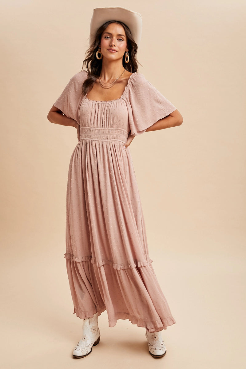 In Loom Swiss Dot Flutter Sleeve Dress Tea Rose