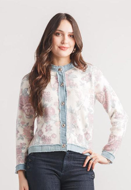 Papillon Knit Floral Jacket With Denim Trim Cream