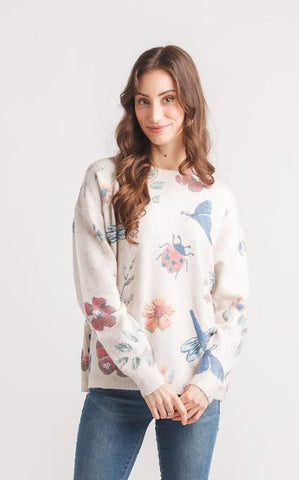 Papillon Garden Print Knit Sweater Cream