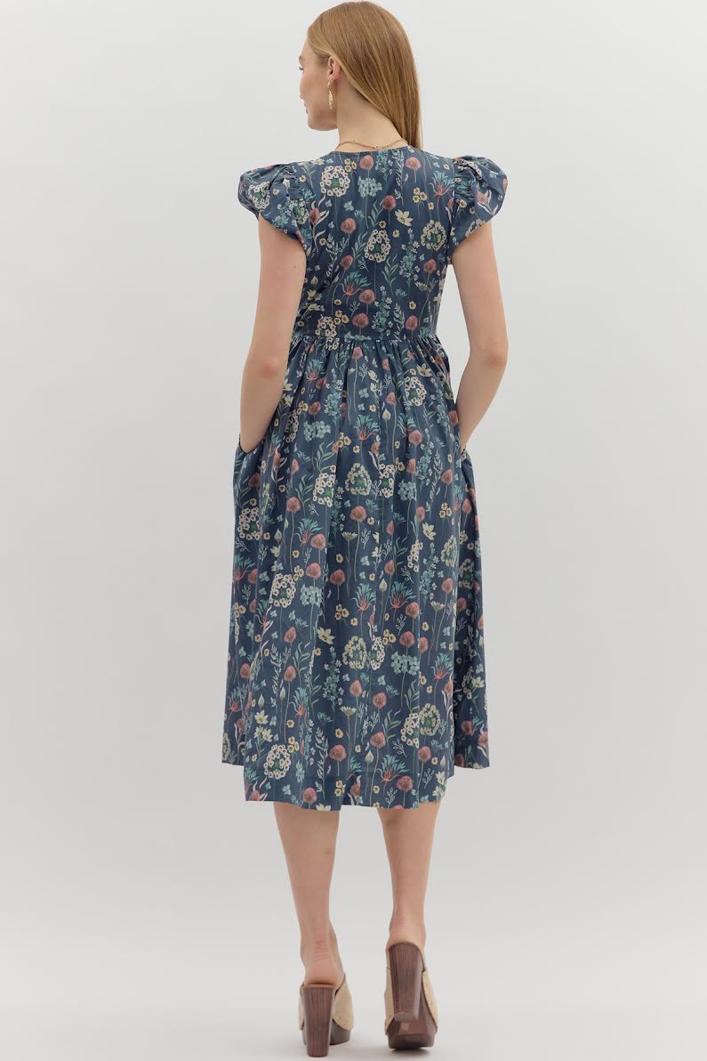 Entro Floral Pattern Midi Dress Midnight