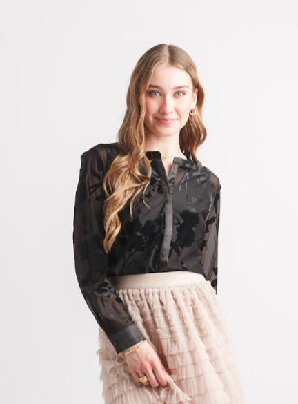 Papillon Burnout Button Down Blouse Black