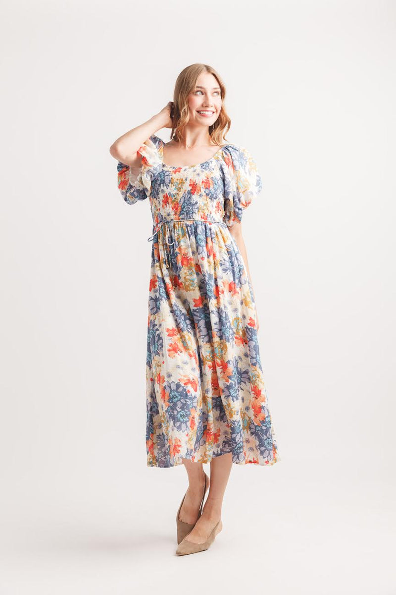 Papillon Floral Midi Dress Blue Print