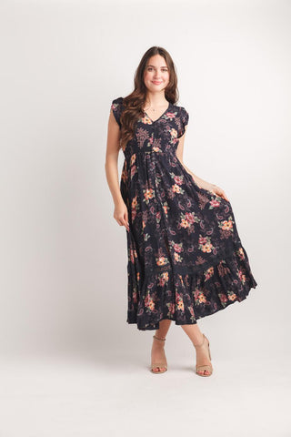 Papillon Natalie Short Sleeve Midi Dress Navy Floral
