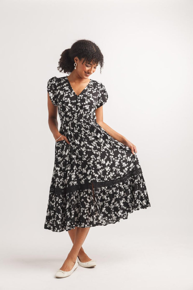 Papillon Natalie Short Sleeve Midi Dress Black Floral