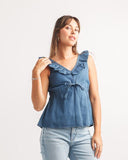 Papillon Denim Ruffle Top Med Blue
