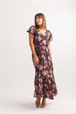 Papillon Floral Satin Tiered Maxi Dress Black Print