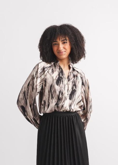Papillon Abstract Satin Blouse Beige