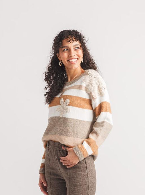 Papillon Stripe Floral Crochet Sweater Mustard