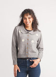 Papillon Collared Cardigan With Embroidered Flowers Charcoal