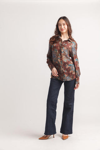 Papillon Floral Satin Burnout Top Brown Print