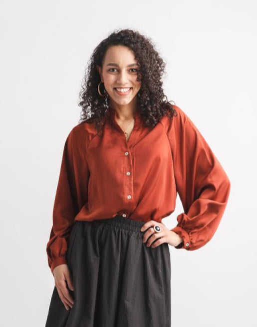 Papillon Satin Blouse With Balloon Sleeve Rust