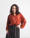 Papillon Satin Blouse With Balloon Sleeve Rust