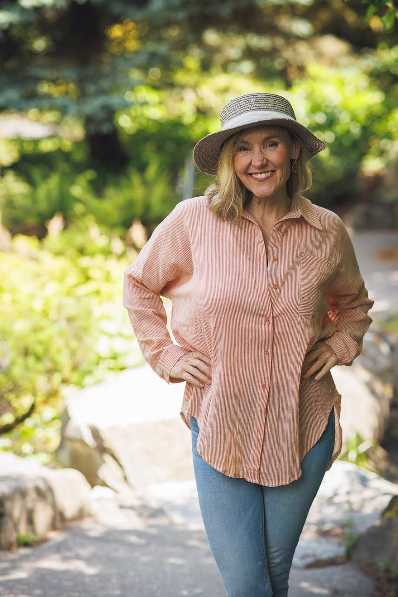 Papillon Cotton Stripe Blouse Coral
