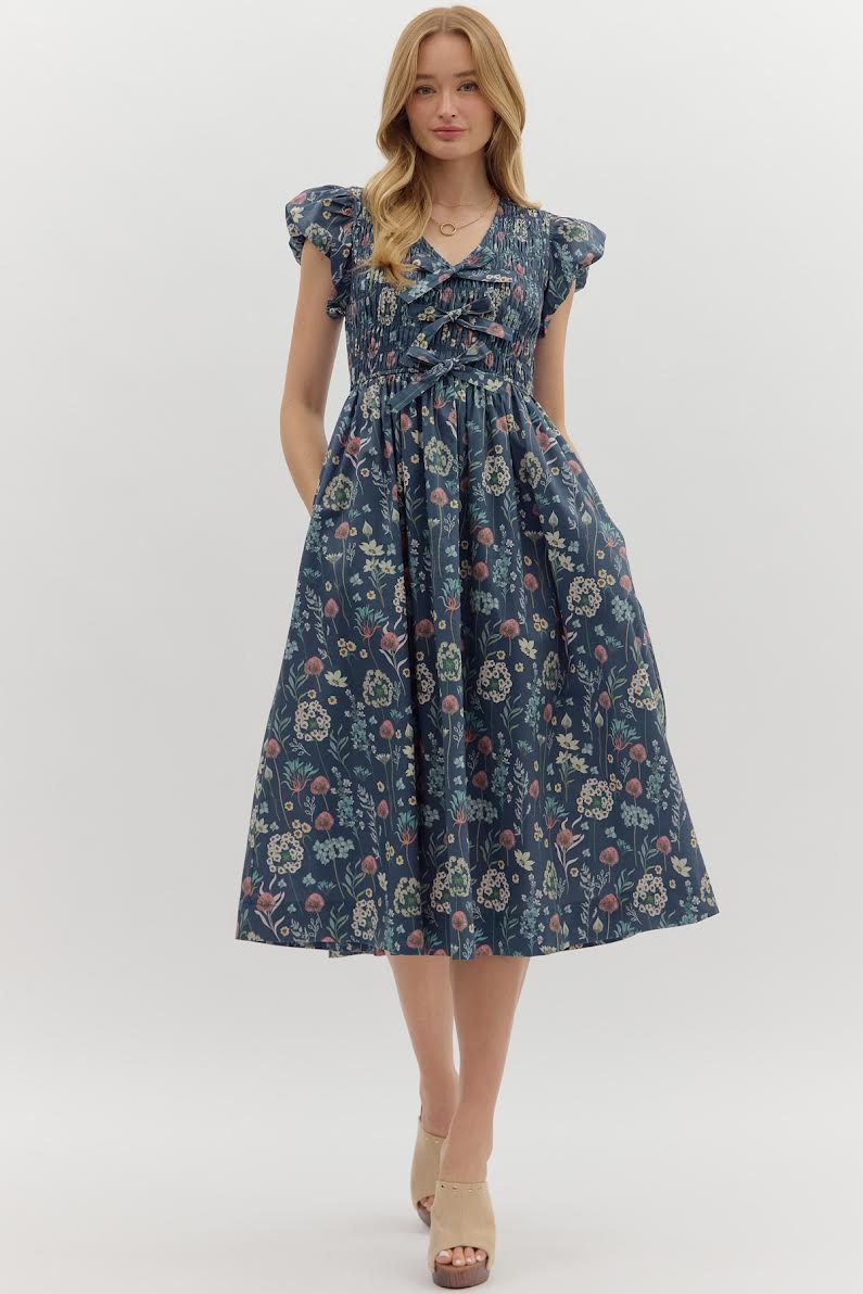 Entro Floral Pattern Midi Dress Midnight