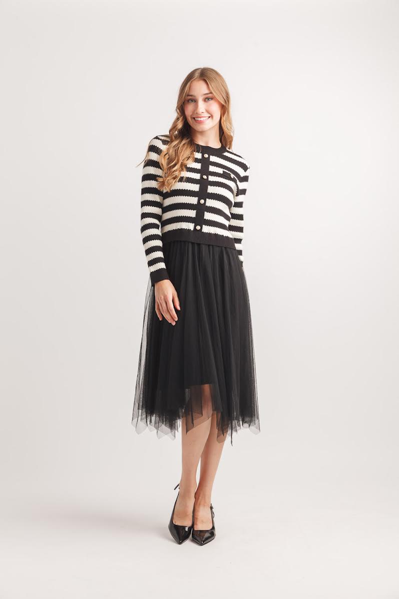 Papillon Sweater Dress With Tulle Skirt Black & White