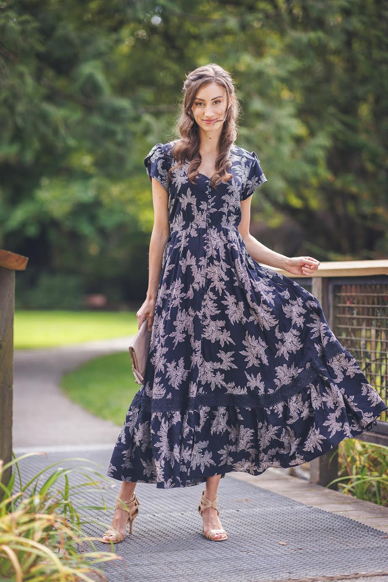 Papillon Paige Short Sleeve Maxi Dress Navy Floral