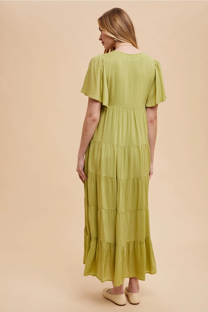 In Loom Flowy Tiered Maxi Dress Matcha Green