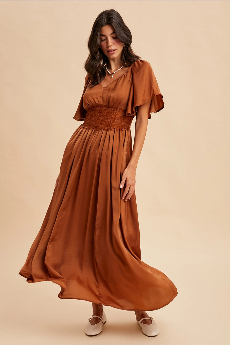 In Loom Satin Lace Maxi Dress Sepia