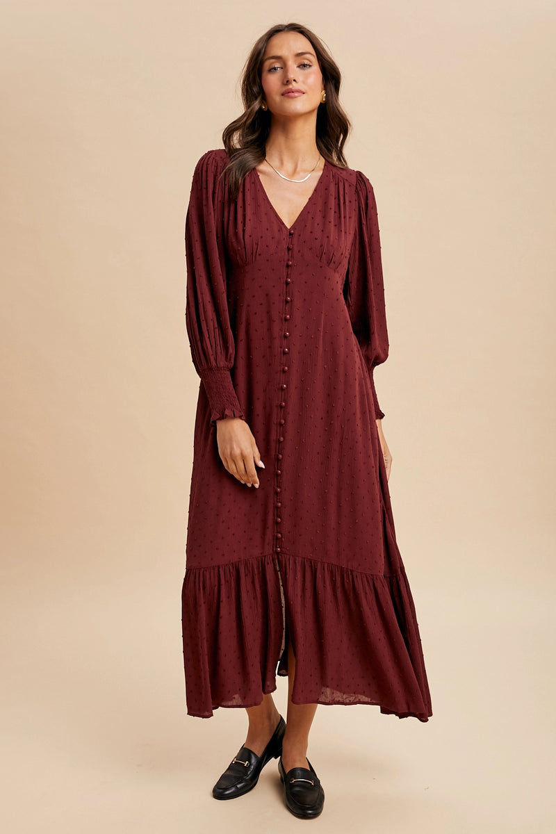 In Loom Swiss Dot Tie Back Dress Merlot