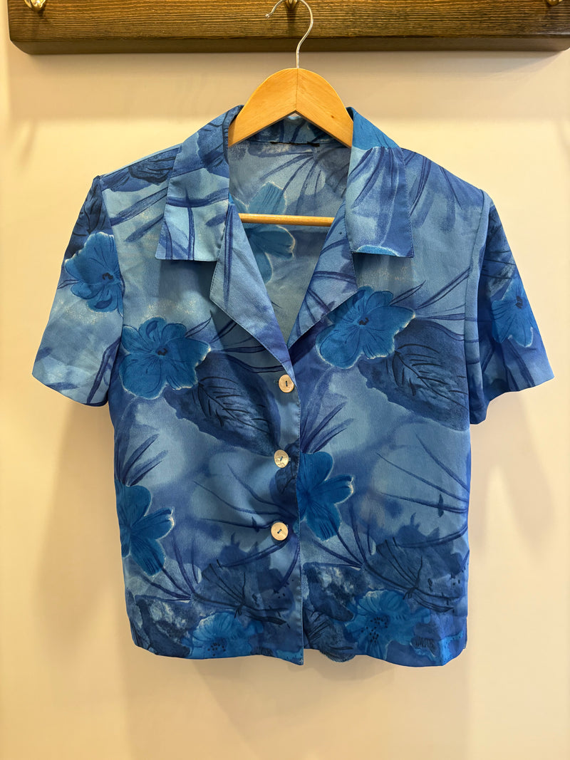 Sneezeweed Blue Tropical Floral Short Sleeve Blouse