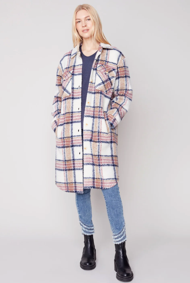 Charlie B Plaid Boiled Wool Shacket Raspberry