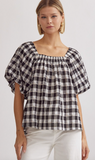 Entro Gingham Puff Sleeve Blouse Black