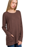 Zenana Front Pocket Sweater Heather Mahogany