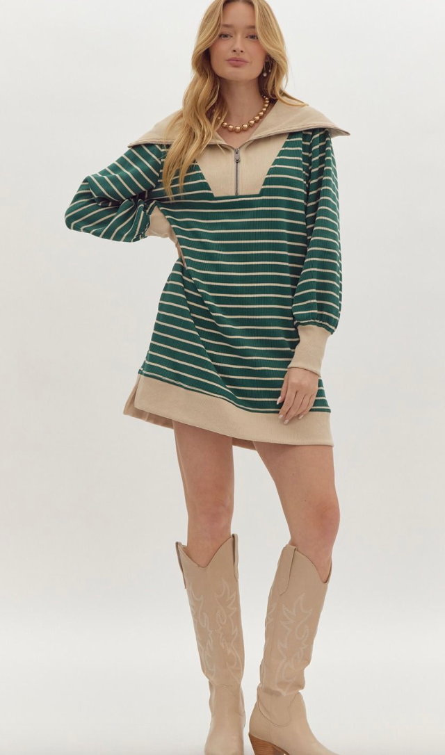 Entro Stripe Zip Dress In Green