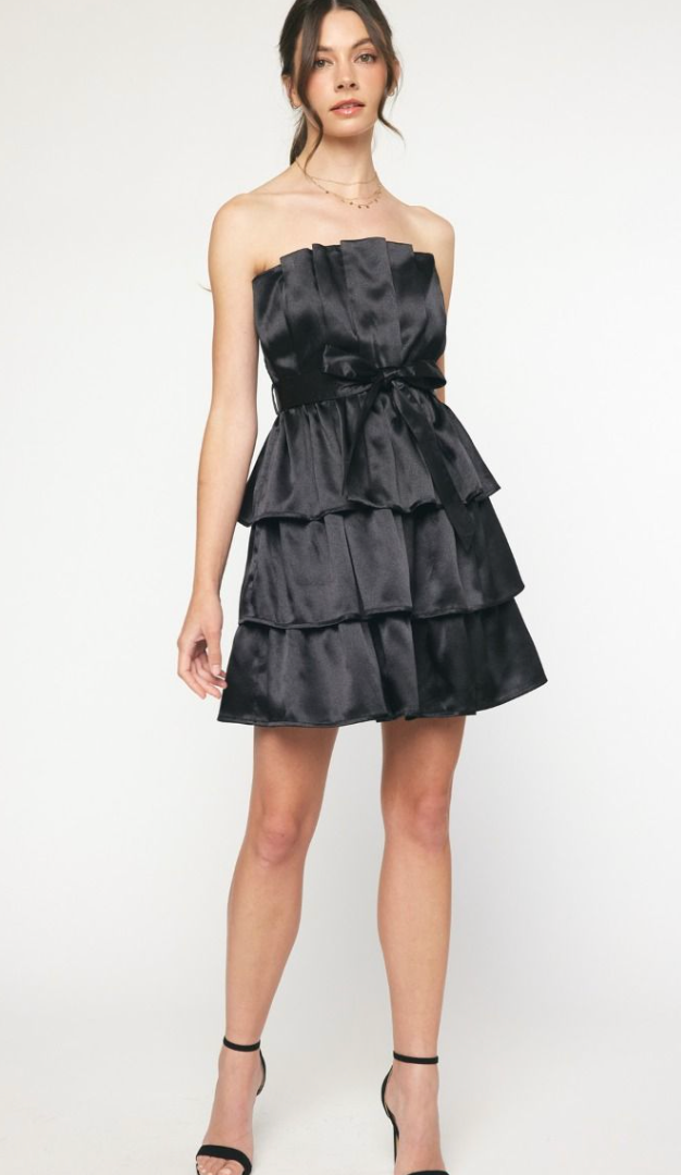 Entro Pleated Strapless Satin Dress Black