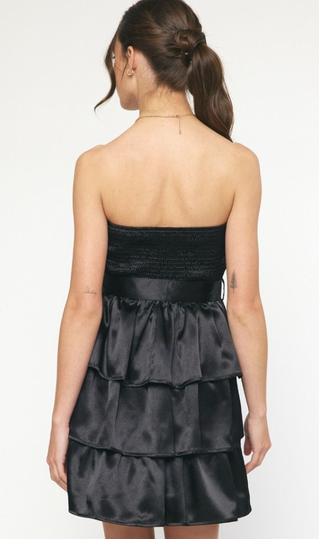 Entro Pleated Strapless Satin Dress Black