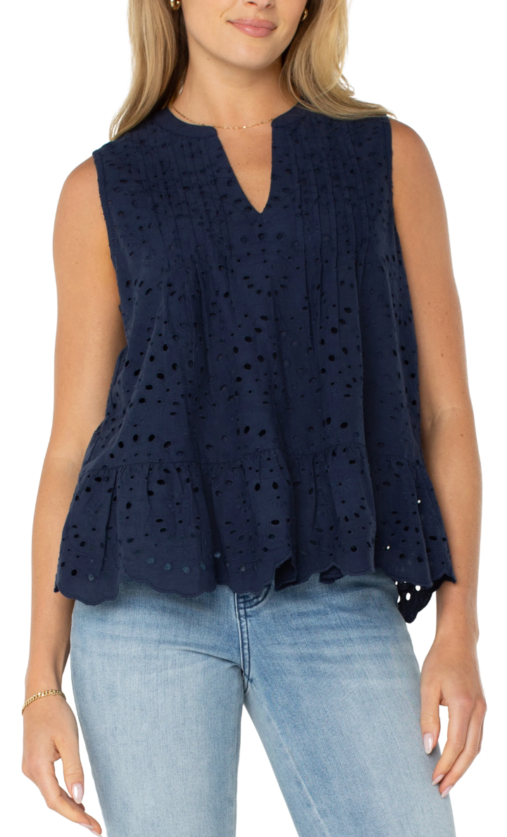 Liverpool Sleeveless Pintuck Blouse Navy