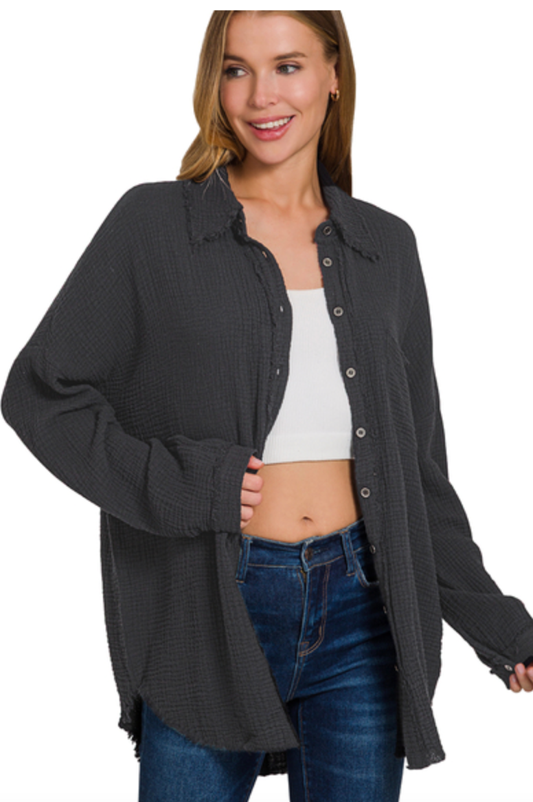Zenana Oversized Cotton Gauze Shirt Black
