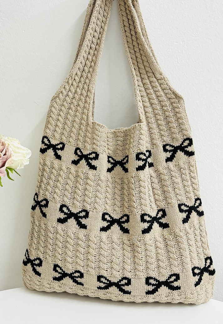 Zenana Knit Bow Tote Bag Black