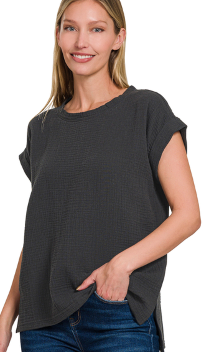 Zenana Cotton Gauze Tee In Black