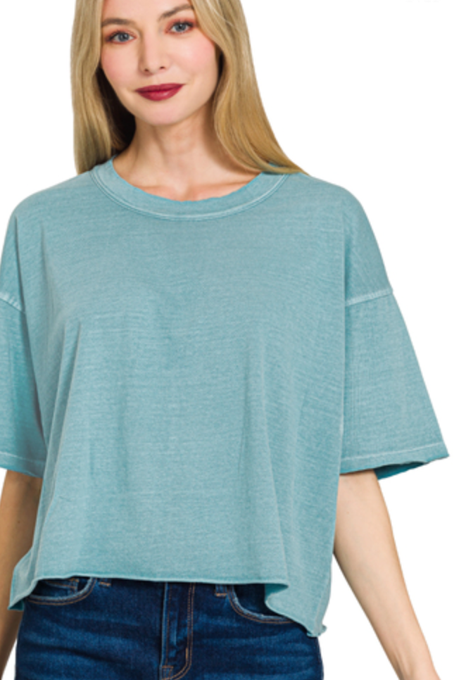 Zenana Cropped Boxy Tee Blue Grey