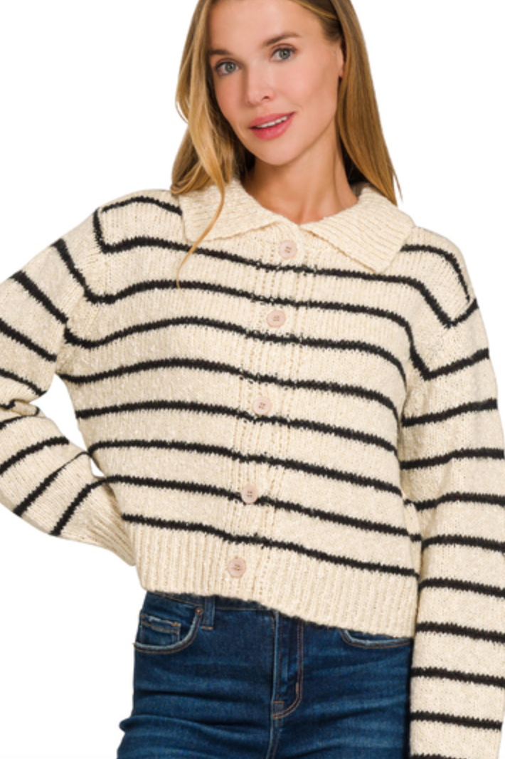 Zenana Stripe Button Cardigan Black & Cream