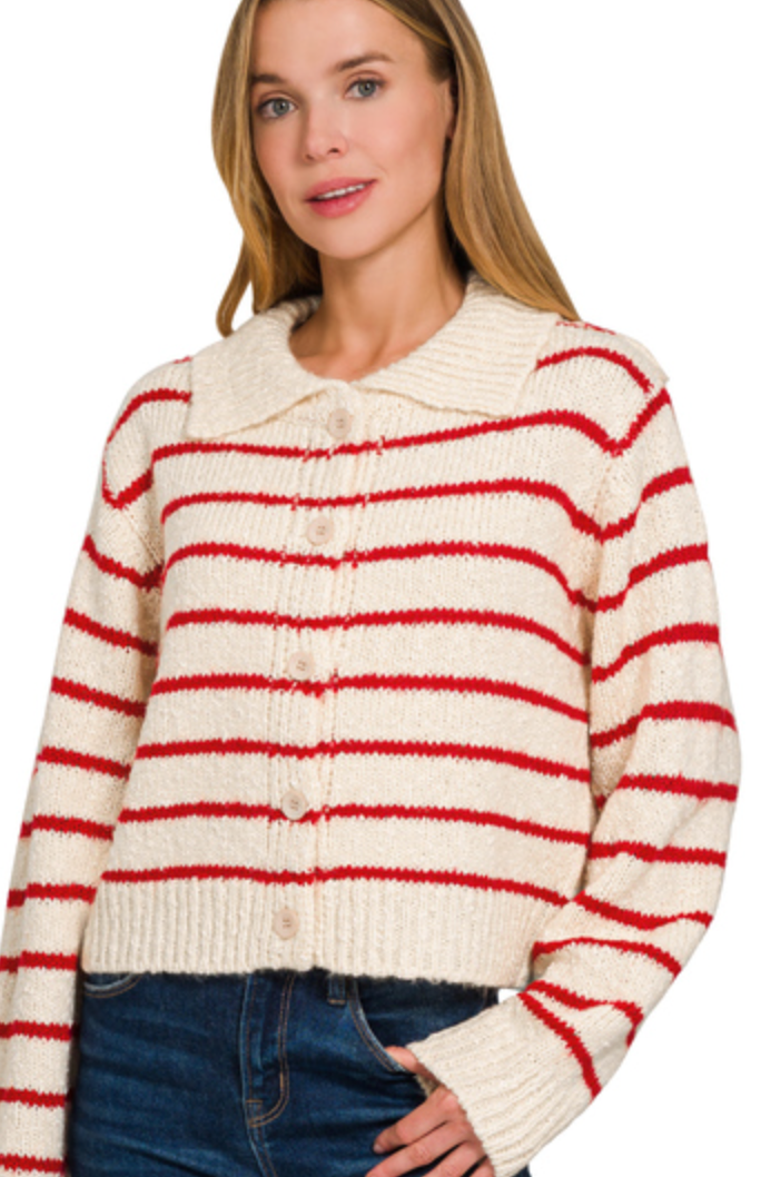 Zenana Stripe Button Cardigan Red & Cream