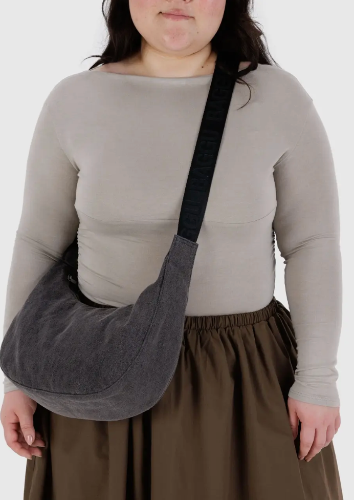 Baggu Medium Denim Crescent Bag Washed Black