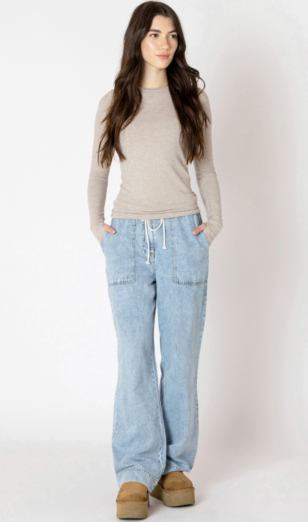 Dex Wide Leg Tie Pant Washed Blue